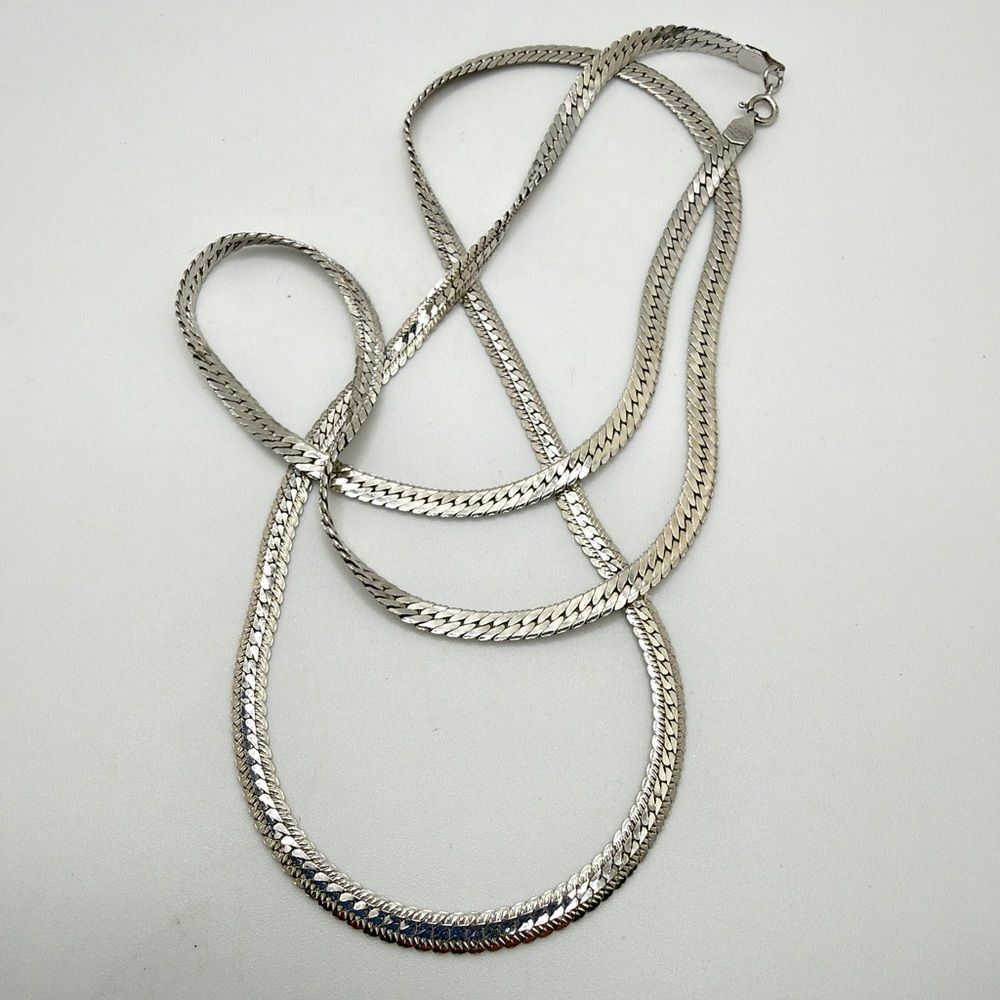 ~29" Unisex Stamped Sterling‎ Silver (rhodium overlay) 4mm herringbone necklace!